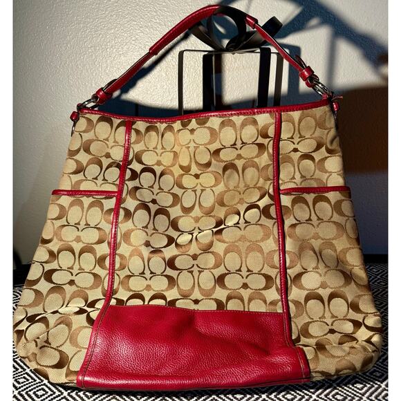 Coach Signature C Park Hobo Shoulder Bag Khaki Crimson F30341 - Picture 2 of 13